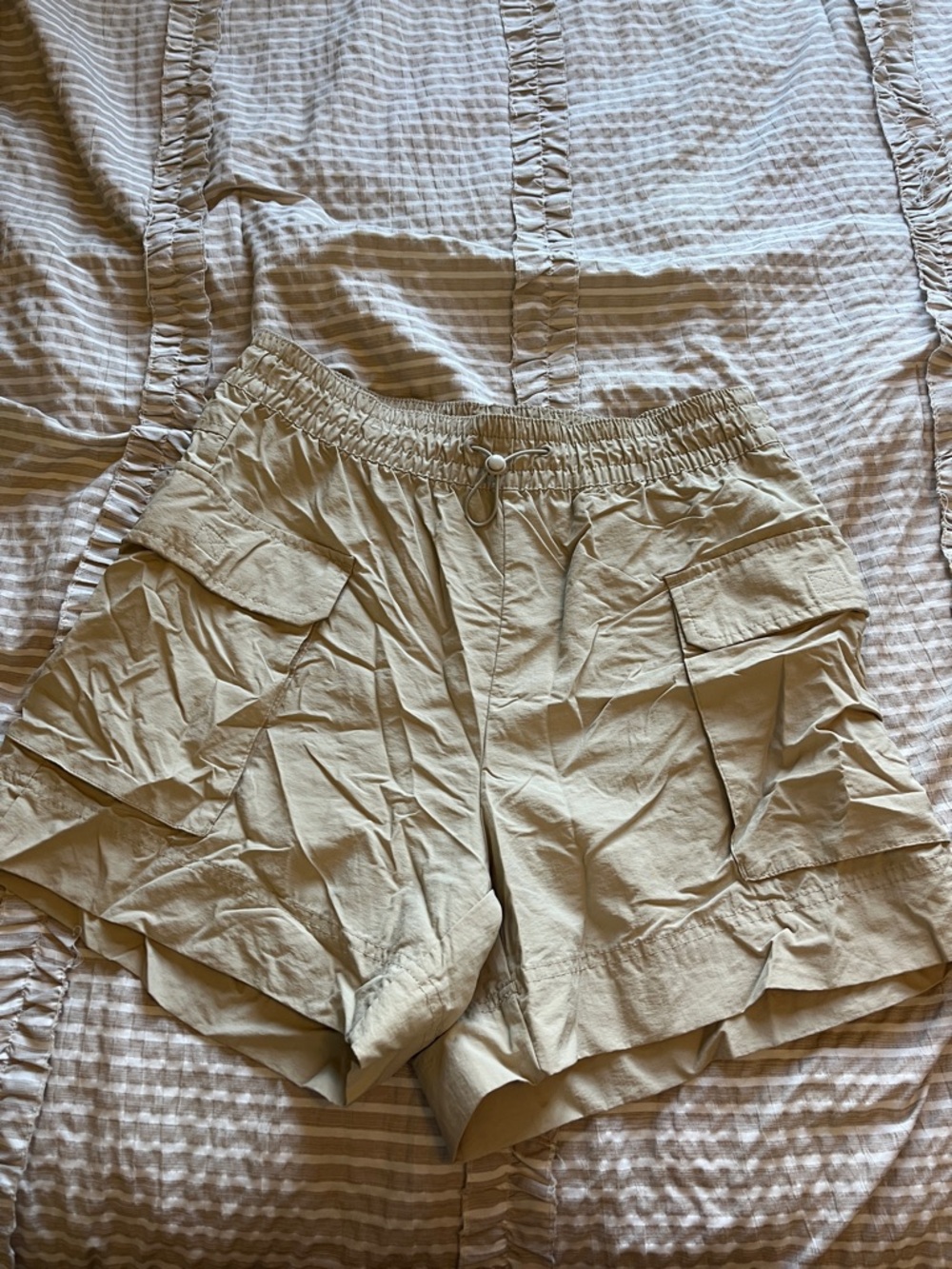 Light Tan Cargo Utility Shorts with Elastic Waist